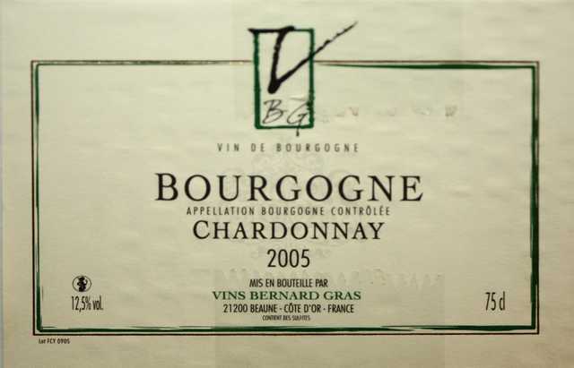 12 BOUTEILLES, BOURGOGNE CHARDONNAY, CEPAGE 100 % BLANC, BERNARD GRAS, 2005.