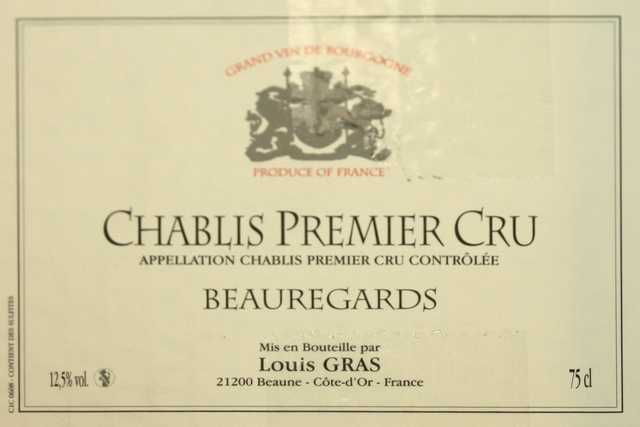 6 BOUTEILLES DE CHABLIS 1ER CRU "BEAUREGARDS", LOUIS GRAS, 2005.