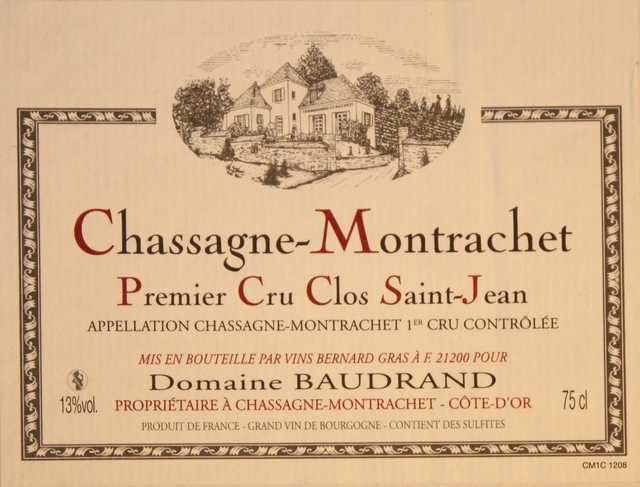 6 BOUTEILLES DE CHASSAGNE MONTRACHET 1ER CRU, ROUGE " CLOS SAINT JEAN ", DOMAINE BAUDRAND, 2004.