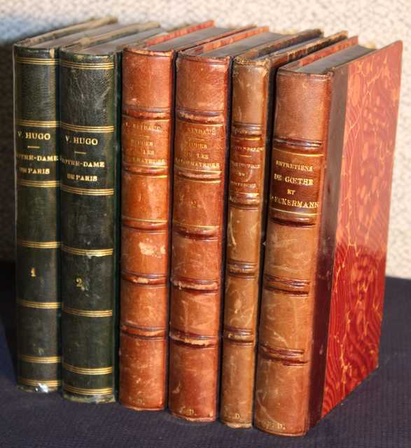 LOT DE 6 OUVRAGES COMPRENANT : TOME 1 ET 2 DE L'ETUDE SUR LES REFORMATEURS PAR LOUIS REYBAUD, PARIS, 1856, GUILLAUMIN ET CIE LIBRAIRES. 2 OUVRAGES COMPRENANT : LA PHILOSOPHIE DE NIETZSCHE PAR HENRI LICHTENBERGER, PARIS, 1908, FELIX ALCAN EDITEUR ET ENTRETIENS DE GOETHE ET D'ECKERMANN PAR M.J.-N. CHARLES, PARIS, COLLECTION HETZEL. TOME 1 ET 2 DE NOTRE DAME DE PARIS PAR VICTOR HUGO, PARIS, 1871, LIBRAIRIE HACHETTE ET CIE.