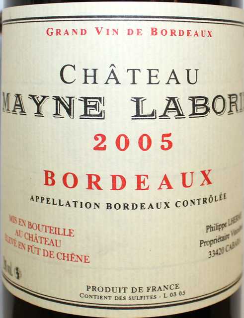 6 BOUTEILLES DE CHATEAU MAYNE-LABORIE, 2005.