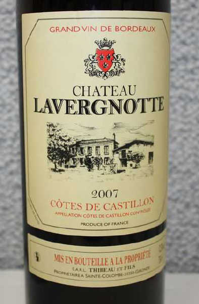 6 BOUTEILLES DE CHATEAU LAVERGNOTTE COTES DE CASTILLON. 2007. CAISSE CARTON.
