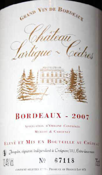 12 BOUTEILLES DE CHATEAU LARTIGUE-CEDRES 2007. GRAND VIN DE BORDEAU ROUGE. CAISSE CARTON.