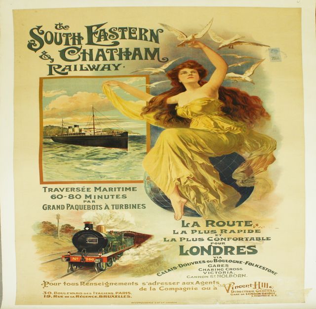 THE SOUTH EASTERN AND CHATHAM RAILWAY. TRAVERSEE MARITIME 60/80 MINUTES PAR GRAND PAQUEBOT A TURBINES. CALAIS-DOUVRES-BOULOGNE-FOLKESTONE. ENTOILEE.