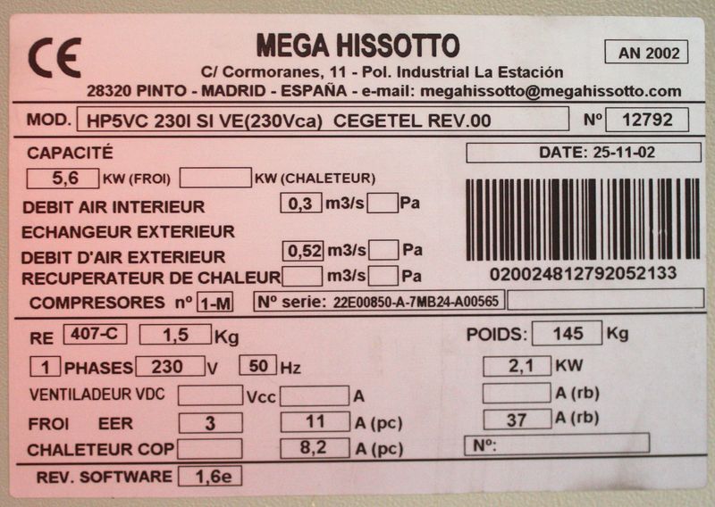 CLIMATISATION MEGA HISSOTTO HP5VC 230 SI VE 