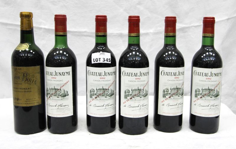 CINQ BOUTEILLES CHATEAU JUNAYME CANON-FRONSAC 1982. ON Y JOINT UNE BOUTEILLE CHATEAU VRAY CANON BOYER 1ER GRAND CRU COTES CANON FRONSAC 1961.