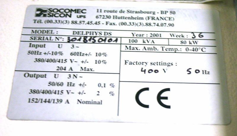 ONDULEUR DE MARQUE SOCOMEC SICON, MODELE DELPHYS DS. 100 KVA. DIM: 210 X 80 X 80 CM LE MODULE. SOUS-SOL -2 LOCAL ONDULEUR.