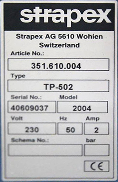 CERCLEUSE SUR ROULETTES DE MARQUE STRAPEX MODELE TP-502. MACHINE VENDUE AVEC SON ROULEAU DE RUBAN A CERCLER. 76 X 86 X 56 CM.