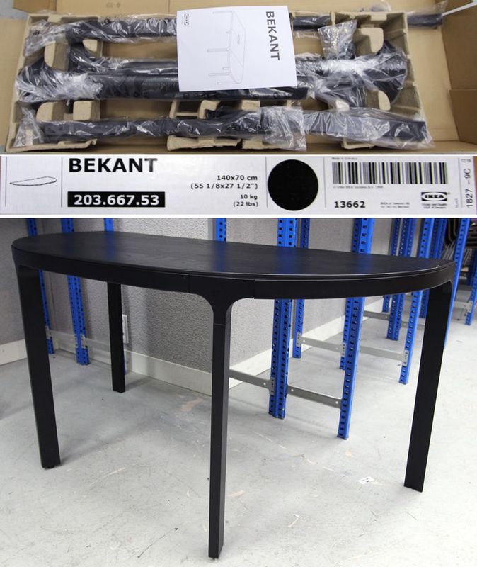 TABLE EN DEMI-LUNE A MONTER DE MARQUE IKEA MODELE BEKANT COLORI NOIR. REFERENCES : PLATEAU : 203.667.53 ET PIETEMENT : 602.528.77.