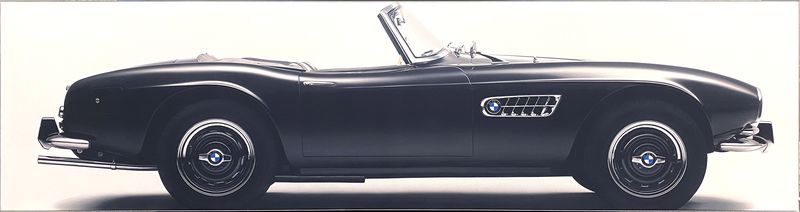 BMW 507 DE 1955, TABLEAU DU PROFIL DROIT. IMPRESSION SUR TEXTILE MONTE SUR UN CADRE EN ALUMINIUM PAR SIMPLE INSERTION. LE TABLEAU FAIS ÉGALEMENT OFFICE DE PIÈGE A SON. PROVENANCE : BMW FRANCE 2020. 300 CM X 80 CM. ENLEVEMENT AU 2 BOULEVARD DU GENERAL DE GAULLE - 92500 RUEIL-MALMASION LE VENDREDI 22 MAI DE 9H A 17H.
