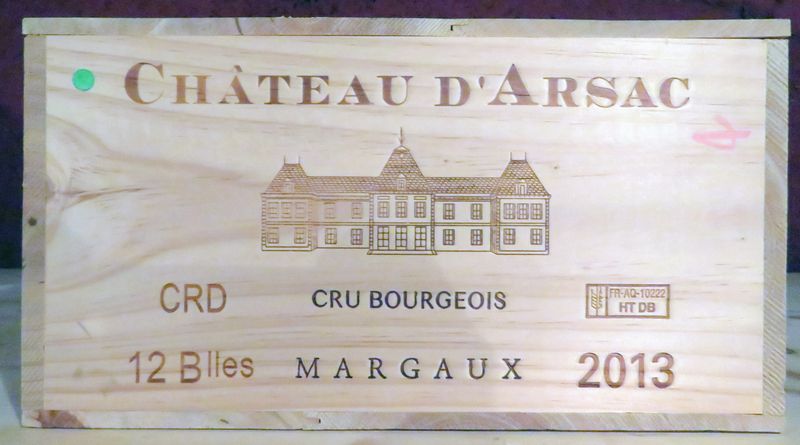 12 BOUTEILLES DE CHATEAU D'ARSAC 2013, MARGAUX CRU BOURGEOIS. BORDEAUX ROUGE. CAISSE BOIS D'ORIGINE.