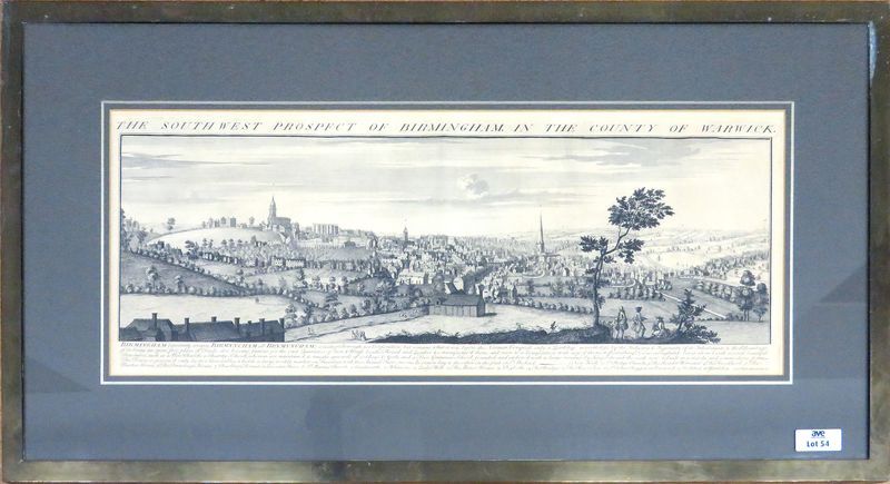 GRAVURE ANGLAISE TITREE "THE SOUTH WEST PROSPECT OF BIRMINGHAM IN THE COUNTY OF WARWICK". 32 X 83 CM (A VUE). CADRE EN LAITON (OXYDATION)