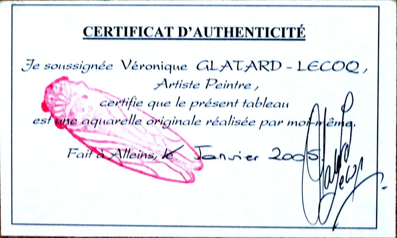 VERONIQUE GALTARD-LECOQ, AQUARELLE REPRESENTANT DES BRANCHES D'OLIVIER ET UNE CIGALE, SIGNEE ET DATEE JANVIER 2005, ENCADREMENT SOUS VERRE. 59 X 59 CM. RDC.