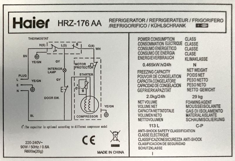 REFRIGERATEUR AVEC COMPARTIMENT CONGELATION DE MARQUE HAIER MODELE HRZ-176AA DE COULEUR BLANCHE. 85 X 54,5 X 55 CM. ETAGE DE LOCALISATION : 14
