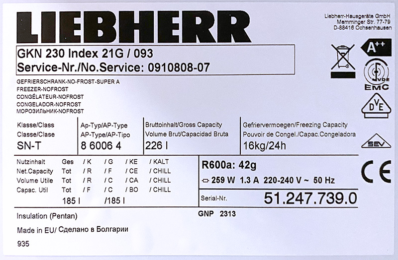 CONGELATEUR A 6 TIROIRS DE MARQUE LIEBHERR MODELE GKN230 INDEX 21G/093. 144 X 60 X 67 CM.  LOT EXONERE DE TVA.
