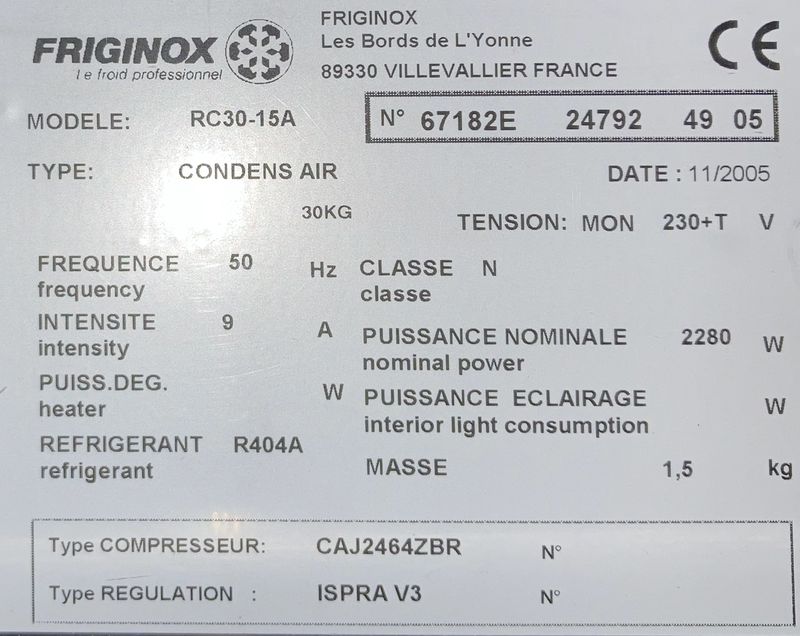 CELLULE DE REFROIDISSEMENT DE MARQUE FRIGINOX MODELE RC30-15A. 156 X 77 X 79 CM. BAT.H REFECTOIRE